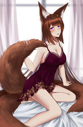  absurdres amagi_(azur_lane) animal_ears azur_lane blunt_bangs blush breasts brown_hair cleavage collarbone curtains dress female fox_ears fox_girl fox_tail frozen-sad highres large_breasts lingerie long_hair looking_at_viewer multiple_tails nightgown on_bed purple_dress purple_eyes purple_nightgown short_eyebrows sitting solo tail underwear very_long_hair window 