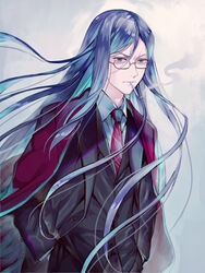  1boy black_hair black_jacket black_pants black_shirt business_suit fate/grand_order fate_(series) formal glasses jacket long_hair long_sleeves looking_at_viewer lord_el-melloi_ii lord_el-melloi_ii_case_files male_focus necktie pants red_necktie shirt simple_background solo suit tamaki_mitsune waver_velvet white_background 