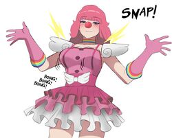  blush bouncing_breasts breasts choker clown clown_nose cowboy_shot feather_sleeves female frilled_skirt frills geiru_toneido gloves grey_eyes gyakuten_saiban half-closed_eyes hands_up highres jourd4n long_hair looking_at_viewer phoenix_wright:_ace_attorney_-_spirit_of_justice pink_gloves pink_hair rainbow_choker rainbow_print shadow simple_background skirt smile solo sound_effects suspender_skirt suspenders white_background wing-shaped_bow 