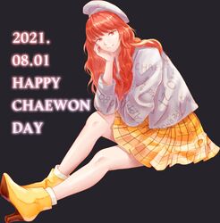  animification beret black_background character_name commentary dated english_commentary female grey_hat hand_on_own_cheek hand_on_own_face hat high_heels highres izone k-pop kim_chae-won korean_commentary leaning_to_the_side long_hair mixed-language_commentary orange_eyes orange_hair plaid plaid_skirt real_life rioneige sitting skirt smile solo yellow_footwear yellow_skirt 