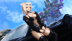  absurdres animal_ears blonde_hair blue_eyes blurry blurry_background breasts car cat_ears cat_tail choker commission day dutch_angle eyewear_on_head female final_fantasy final_fantasy_xiv fishnet_top fishnets highres jacket jewelry medium_breasts miqo&#039;te motor_vehicle necklace open_clothes open_jacket outdoors pearl_necklace pixiv_commission regalia_(final_fantasy) short_hair short_ponytail solo sunglasses tail thighhighs warrior_of_light_(ff14) zeri_(zeristudio) 