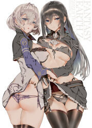  2girls ass assisted_exposure black_hair black_skirt black_thighhighs blush breasts butt_crack character_request closed_mouth clothes_lift dress fantasy_earth_zero hair_between_eyes highres large_breasts lingerie long_hair looking_at_viewer medium_hair multiple_girls open_mouth panties presenting_another red_ribbon revealing_clothes ribbon side-tie_panties skirt skirt_lift smile standing thighhighs tooka underwear wedgie white_background white_dress white_hair yuri 