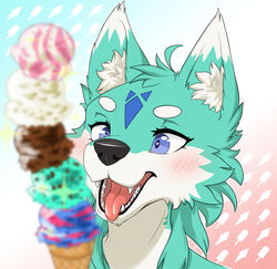  2020 alternate_version_at_source anthro black_nose blue_eyes blush canid canine canis cheek_tuft cute_fangs depth_of_field dessert digital_media_(artwork) eyebrows eyelashes facial_markings facial_tuft fangs female female_anthro fluffy food fur green_body green_fur green_hair hair head_markings headshot_portrait heart_eyes heart_symbol hi_res ice_cream ice_cream_cone inner_ear_fluff kemono looking_at_food looking_at_object mammal markings miu_(xan) open_mouth portrait sharp_teeth solo teeth tongue tongue_out tuft white_body white_fur wolf xan_(pixiv) 