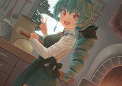  :d absurdres alternate_hairstyle anchovy_(girls_und_panzer) anzio_school_uniform apron black_necktie black_ribbon black_skirt brick_oven cooking dress_shirt dutch_angle female girls_und_panzer green_apron green_hair hair_ribbon helmet_(trailblazer003) highres holding indoors kitchen long_hair long_sleeves looking_at_viewer looking_back miniskirt necktie no_legwear open_mouth oven pleated_skirt red_eyes ribbon school_uniform shirt single_drill skirt smile solo standing twintails v white_shirt window wing_collar 