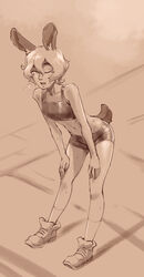  animal_ears bare_arms bare_legs bare_shoulders blush breasts brit_(d-rex) collarbone commentary d-rex english_commentary female full_body hair_between_eyes highres leaning_forward looking_at_viewer midriff monochrome navel one_eye_closed open_mouth original rabbit_ears rabbit_girl rabbit_tail sepia shoes short_hair short_shorts shorts smile socks solo sports_bra standing sweat tail 