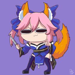  animal_ear_fluff animal_ears black_eyes blue_bow blue_dress blue_ribbon blue_thighhighs bow chibi commentary commission dress drogo_doggo fate/extra fate/grand_order fate_(series) female fighting_stance fox_ears fox_girl fox_shadow_puppet fox_tail full_body gesture highres japanese_clothes knife obi pink_hair platform_footwear purple_background ribbon sash signature solo tail tamamo_(fate) tamamo_no_mae_(fate/extra) thighhighs thighs zettai_ryouiki 