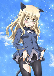  animal_ears ascot black_pantyhose blonde_hair blue_jacket blue_shirt blue_sky blunt_bangs blush cat_ears cat_girl cat_tail commentary cowboy_shot day female frown glasses jacket light_particles long_hair long_sleeves looking_at_viewer lowleg lowleg_panties military military_uniform minpei_ichigo no_pants open_mouth outdoors panties panties_under_pantyhose pantyhose perrine_h._clostermann rimless_eyewear shiny_skin shirt skindentation sky solo standing strike_witches tail torn_clothes torn_pantyhose underwear uniform white_ascot world_witches_series yellow_eyes 