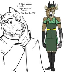  anthro antlers apron armwear bottomwear canid canine clothing cybernetic_arm cybernetic_limb cybernetics deer duo elbow_gloves english_text gloves handwear hat headgear headwear horn legwear machine maid_uniform male mammal name_tag red_(topazknight) skirt stockings text topazknight uniform 