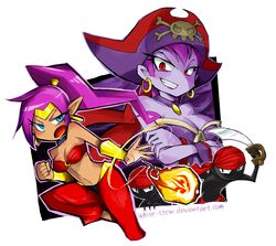  2017 bandana blue_eyes breasts clothing ear_piercing ear_ring female fire genie group hair hi_res human humanoid humanoid_pointy_ears kerchief long_hair male mammal melee_weapon not_furry open_mouth piercing pirate_hat ponytail purple_hair red_eyes ring_piercing risky_boots shantae shantae_(series) smile sword text tinkerbat url wayforward weapon white-stew 