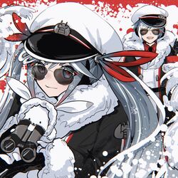  1boy 1other animal aviator_sunglasses badge binoculars black_coat black_gloves black_necktie blue_eyes blue_hair closed_eyes coat commentary female fur-trimmed_coat fur-trimmed_hood fur_trim glasses gloves gradient_hair hair_ribbon hat hatsune_miku highres holding holding_animal holding_binoculars hood hood_up jacket kaito_(vocaloid) laughing libertyp long_hair looking_at_viewer military military_uniform multicolored_eyes multicolored_hair naval_uniform necktie open_mouth peaked_cap rabbit_yukine red_ribbon red_shirt ribbon shirt smile sunglasses twintails uniform upper_body very_long_hair vocaloid white_headwear white_jacket yuki_kaito yuki_kaito_(2022) yuki_miku yuki_miku_(2022) 