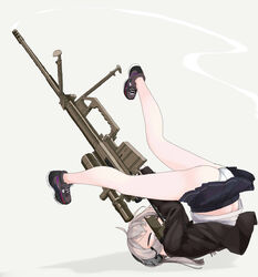  ass bad_id bad_pixiv_id bipod black_skirt bolt_action cheytac_m200 closed_eyes commentary_request dove_pixie failure female girls&#039;_frontline gun headset highres korean_commentary lying m200_(girls&#039;_frontline) miniskirt on_back panties pleated_skirt recoil rifle short_hair simple_background skirt sniper_rifle solo underwear weapon white_hair white_panties you&#039;re_doing_it_wrong 