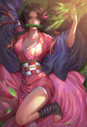  arms_up bamboo barefoot bit_gag black_hair black_socks breasts brown_hair checkered_sash cleavage commentary dappled_sunlight english_commentary fan_yang_(jiuge) female forehead gag gagged gradient_hair haori highres japanese_clothes kamado_nezuko kimetsu_no_yaiba kimono leg_up looking_at_viewer lying medium_breasts messy_hair mouth_hold multicolored_hair obi on_back photoshop_(medium) pink_eyes pink_kimono pink_ribbon realistic ribbon sash socks solo sunlight thighs toeless_legwear two-tone_hair 