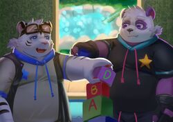  2021 aipangpangdeyua anthro bear belly black_nose clothing cute_fangs duo felid giant_panda hi_res hoodie humanoid_hands inside kemono male mammal overweight overweight_male pantherine purple_body tiger topwear white_body 