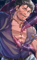  1boy bara belt brown_belt dagon_(housamo) facial_hair jewelry large_pectorals long_sideburns male_focus mature_male muscular muscular_male necklace noramoso open_mouth pants partially_unbuttoned pectoral_cleavage pectorals purple_shirt shirt short_hair sideburns smile solo stubble teeth tentacle tokyo_afterschool_summoners tongue tongue_out white_pants 