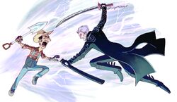  2boys bad_id balan_wonderworld battle black_coat black_footwear blue_eyes boots clenched_teeth coat crossover devil_may_cry_(series) devil_may_cry_5 duel facial_hair frangus_mcdangus hat highres holding holding_sheath holding_shovel holding_sword holding_weapon jose_gallard katana long_sleeves male_focus multiple_boys open_mouth overalls pants red_shirt sheath shirt shovel sword teeth third-party_source twitter_username vergil_(devil_may_cry) weapon 