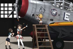  3girls aircraft airplane annin_musou antenna_hair bad_id bad_twitter_id black_hair black_necktie blonde_hair blue_sailor_collar blue_skirt brown_eyes closed_eyes commentary_request double_bun fairy_(kancolle) gloves hair_bun indoors kantai_collection ladder miyuki_(kancolle) multiple_girls naka_(kancolle) naka_kai_ni_(kancolle) necktie one_eye_closed photo_(object) pleated_skirt pointing puffy_short_sleeves puffy_sleeves sailor_collar school_uniform serafuku short_hair short_sleeves skirt sparkle standing tbd_devastator thighhighs v vehicle_focus white_gloves white_legwear 