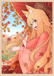  animal_ears autumn_leaves commentary_request fate/extra fate/extra_ccc fate/extra_ccc_fox_tail fate_(series) female fox_ears highres japanese_clothes kimono long_hair nail_polish orange_eyes orange_hair purutera solo suzuka_gozen_(fate) umbrella 