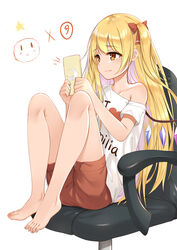  alternate_costume alternate_hair_length alternate_hairstyle bare_legs bare_shoulders barefoot blonde_hair bow casual cellphone chair commentary contemporary crescent crystal fang_out feet feet_on_chair female flan_(seeyouflan) flandre_scarlet full_body hairbow highres holding holding_phone i_heart... knees_up legs long_hair looking_at_phone no_headwear oerba_yun_fang off-shoulder_shirt off_shoulder office_chair one_side_up orange_eyes phone photoshop_(medium) red_bow red_eyes red_shorts shirt short_sleeves shorts simple_background sitting smartphone solo swivel_chair t-shirt thighs toenails toes touhou very_long_hair white_background white_shirt wings 