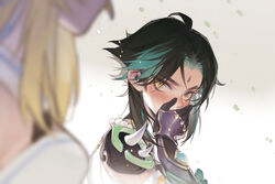  1boy aqua_hair armor bead_necklace beads black_gloves black_hair blurry blush breasts commentary covering_own_mouth depth_of_field english_commentary eyes_visible_through_hair facial_mark female forehead_mark from_side frown gem genshin_impact gloves hair_over_one_eye hand_over_own_mouth hand_up highres jade_(gemstone) jewelry looking_at_another looking_at_viewer looking_to_the_side lumine_(genshin_impact) mata_c multicolored_hair necklace nose_blush out_of_frame parted_bangs portrait short_hair shoulder_armor shoulder_pads shoulder_spikes solo_focus spikes streaked_hair two-tone_hair vambraces white_background xiao_(genshin_impact) yellow_eyes 