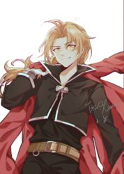  1boy belt belt_buckle black_pants black_shirt blonde_hair buckle edward_elric forehead fullmetal_alchemist gloves highres holding holding_clothes holding_jacket jacket long_hair looking_at_viewer male_focus nana895 pants red_jacket shirt simple_background smile white_background white_gloves yellow_eyes 