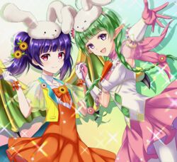  2girls :d animal_hat armpits blunt_bangs braid collarbone commission dragon_wings dress fire_emblem fire_emblem:_the_sacred_stones fire_emblem_awakening fire_emblem_heroes flower gloves green_hair hair_flower hair_ornament hat holding_hands kakiko210 looking_at_viewer multiple_girls myrrh_(fire_emblem) myrrh_(spring)_(fire_emblem) nah_(fire_emblem) nah_(spring)_(fire_emblem) official_alternate_costume open_mouth orange_dress outstretched_arm pantyhose pink_gloves pointy_ears purple_eyes purple_hair rabbit_hat red_eyes ribbon skeb_commission smile tied_hair twin_braids twintails white_gloves white_legwear wings 