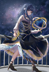  animal_ears arknights astesia_(arknights) bird_ears bird_tail black_dress blue_eyes blue_hair braid breasts bright_pupils celestial_globe commentary_request constellation diamond-shaped_pupils diamond_(shape) dress female hair_intakes high_heels highres holding holding_sword holding_weapon infection_monitor_(arknights) long_hair long_sleeves looking_at_viewer looking_back material_growth medium_breasts oripathy_lesion_(arknights) shironekoban sky smile solo standing star_(sky) starry_sky sword symbol-shaped_pupils tail weapon 