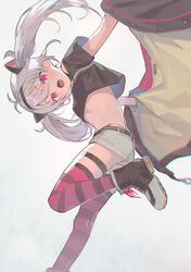  :o antenna_hair belt black_footwear black_shirt breasts crop_top crop_top_overhang female grey_hair grey_shorts hairband highleg highres jacket leg_up long_hair looking_at_viewer matsukai_mao matsukai_mao_(1st_costume) midriff natsuhiko nijisanji oerba_yun_fang off_shoulder open_clothes open_jacket open_mouth pink_eyes red_thighhighs shirt shoes short_shorts short_sleeves shorts small_breasts solo stomach striped_clothes striped_thighhighs thigh_strap thighhighs thighs twintails virtual_youtuber 