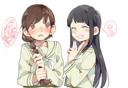  2girls alternate_hairstyle black_hair blush braid brown_eyes brown_hair closed_eyes commentary_request d.y.x. grin hairstyle_switch heart holding holding_own_hair kantai_collection kitakami_(kancolle) kitakami_kai_ni_(kancolle) long_hair long_sleeves multiple_girls neckerchief ooi_(kancolle) ooi_kai_ni_(kancolle) open_mouth sailor_collar school_uniform serafuku simple_background single_braid smile spoken_squiggle squiggle sweat upper_body v white_background white_neckerchief yuri 