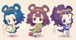  3girls ;d animal_crossing apron blue_hair blue_jacket blue_skirt blush_stickers brown_background brown_hair chibi closed_mouth commentary_request dated eighth_note eyewear_on_head full_body hairband hedgehog_ears hedgehog_tail highres holding holding_clothes humanization jacket label_able_(animal_crossing) mabel_able_(animal_crossing) multiple_girls musical_note one_eye_closed open_mouth orange_hairband pants plaid plaid_apron pleated_skirt ponytail sable_able_(animal_crossing) shirt siblings signature sisters skirt smile spiked_hair spoken_musical_note standing sunglasses tail white_pants yarn yarn_ball yellow_shirt yumenouchi_chiharu 