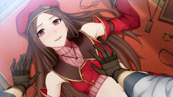  1boy :d breasts brown_gloves brown_hair crop_top detached_sleeves female from_above game_cg gloves grabbing grabbing_another&#039;s_breast highres long_hair long_sleeves looking_at_viewer lying maple_(x-overd) midriff navel on_back open_mouth parted_bangs pov red_eyes red_headwear red_sleeves small_breasts smile stomach straight very_long_hair x-overd 