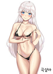  absurdres bare_arms bare_shoulders bikini black_bikini blue_eyes blush breasts cleavage closed_mouth collarbone commentary_request cowboy_shot female groin hand_on_breast highres korean_commentary large_breasts long_hair looking_at_viewer navel original simple_background skindentation smile solo standing stomach strap_slip swimsuit thigh_gap very_long_hair white_background white_hair zzalsu 