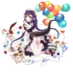  ass balloon braid bubble cake cup dragon_girl dragon_horns dragon_tail drinking_glass eclair_(food) female food fork full_body glass highres horns kai-ri-sei_million_arthur knife long_hair looking_at_viewer looking_back maid million_arthur_(series) muffin official_art photoshop_(medium) pillow plate pointy_ears saucer simple_background slit_pupils solo stuffed_animal stuffed_rabbit stuffed_toy tail teacup wait white_background wine_glass wings yarn yarn_ball 