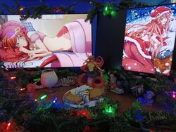  2d_dating ass asus badge breasts brownie_(food) cake christmas christmas_lights christmas_tree cosplay cup drinking_glass figure food hat highres in_shoe large_breasts lying metal_gear_(series) metal_gear_solid_3:_snake_eater miia_(monster_musume) milk monitor monster_musume_no_iru_nichijou naked_snake naked_snake_(cosplay) on_bed photo_(medium) plate santa_costume santa_hat wine_glass 