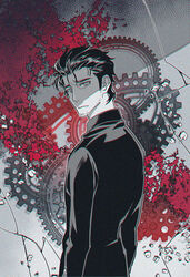  1boy aneunyeoja black_clothes black_hair black_jacket chromatic_aberration closed_mouth commentary crack facial_hair from_side furrowed_brow gears highres jacket limited_palette long_sleeves looking_at_viewer looking_back male_focus okabe_rintarou photoshop_(medium) sad shade shaded_face shadow solo standing steins;gate steins;gate_0 stubble upper_body 