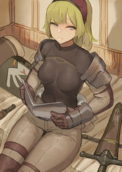  arm_guards armor bed bed_sheet blonde_hair breastplate breasts brown_pants closed_mouth covered_navel female grey_eyes hairband highres indoors long_hair looking_at_viewer on_bed original pants pauldrons pillow red_hairband sheath sheathed shield shirt shoulder_armor sitting small_breasts smile solo sword taut_clothes taut_shirt thigh_strap undressing uusquid vambraces weapon 