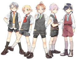  5boys ahoge aqua_eyes ascot belt bike_shorts black_hair black_socks blonde_hair blue_necktie blush boots closed_mouth commentary_request cross-laced_footwear d.y.x. genderswap_(ftm) green_eyes green_ribbons grey_eyes grey_hair grey_legwear grin hair_over_one_eye hand_in_pocket hand_on_own_hip hayashimo_(kancolle) kagerou_(kancolle) kantai_collection kneehighs lace-up_boots long_sleeves low_ponytail maikaze_(kancolle) male_focus multiple_boys neck_ribbon necktie nowaki_(kancolle) orange_hair pink_hair pointing pointing_at_viewer ponytail purple_eyes red_ascot ribbon rule_63 school_uniform shiranui_(kancolle) shirt short_ponytail short_sleeves shorts shorts_under_shorts simple_background smile socks standing vest white_background white_legwear white_shirt yellow_necktie 