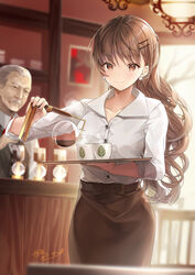  1boy backlighting bad_id bad_pixiv_id blurry brown_eyes brown_hair brown_skirt cafe chandelier closed_mouth coffee coffee_maker coffee_siphon collared_shirt commentary_request cowboy_shot cup day depth_of_field dress_shirt earrings female grey_hair hair_ornament hairclip holding holding_tray indoors jewelry kagachi_saku long_hair long_sleeves old old_man original shirt signature skirt smile solo_focus teacup tray very_long_hair waitress white_shirt 