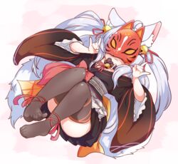  :3 ahoge animal_ear_fluff animal_ears babalilo bell belt_collar black_thighhighs collar double_fox_shadow_puppet female fox_mask fox_shadow_puppet hair_bell hair_ornament highres indie_virtual_youtuber japanese_clothes kamiko_kana long_hair mask neck_bell oerba_yun_fang simple_background solo tail thighhighs twintails virtual_youtuber white_hair 