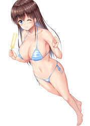  ;) absurdres bare_shoulders barefoot bikini blue_bikini blue_eyes breasts brown_hair collarbone female food halterneck highres holding large_breasts long_hair one_eye_closed original photoshop_(medium) popsicle side-tie_bikini_bottom sidelocks simple_background smile solo striped_bikini striped_clothes swimsuit uehiro white_background 