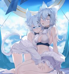  2girls :3 absurdres alchemy_stars all_fours animal_ears bare_shoulders bikini blue_eyes breasts cat_ears cat_girl cat_tail center_opening closed_mouth cloud day eza_(yowza) frilled_shirt frills fur fur-trimmed_jacket fur_trim hair_between_eyes hair_ornament highres jacket long_hair looking_at_viewer medium_breasts multiple_girls navel oerba_yun_fang open_clothes open_jacket open_mouth outdoors philyshy_(alchemy_stars) philyshy_(sweet_dreams)_(alchemy_stars) shirt short_hair shorts sitting smile stomach swimsuit tail white_bikini white_hair white_jacket white_shorts x_hair_ornament yellow_eyes yumi_(alchemy_stars) 