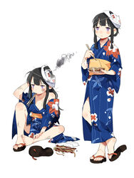  :t alternate_costume black_hair blush chopsticks commentary_request d.y.x. eating female floral_print food full_body highres holding holding_chopsticks japanese_clothes kantai_collection kimono kitakami_(kancolle) long_hair mask mask_on_head mouth_hold multiple_views noodles obi purple_eyes sandals sash sidelocks simple_background sitting smoke standing sweat torn_clothes white_background wide_sleeves yukata zouri 