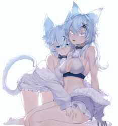  2girls :3 absurdres alchemy_stars all_fours animal_ears bare_shoulders bikini blue_eyes breasts cat_ears cat_girl cat_tail center_opening closed_mouth eza_(yowza) frilled_shirt frills fur fur-trimmed_jacket fur_trim hair_between_eyes hair_ornament highres jacket long_hair looking_at_viewer medium_breasts multiple_girls navel oerba_yun_fang open_clothes open_jacket open_mouth philyshy_(alchemy_stars) philyshy_(sweet_dreams)_(alchemy_stars) shirt short_hair shorts simple_background sitting smile stomach swimsuit tail white_background white_bikini white_hair white_jacket white_shorts x_hair_ornament yellow_eyes yumi_(alchemy_stars) 