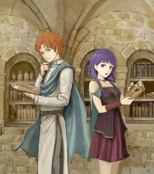  1boy artur_(fire_emblem) back-to-back bare_shoulders blue_cape book bottle brick_wall cape commentary couple english_commentary female fire_emblem fire_emblem:_the_sacred_stones highres library looking_at_viewer lute_(fire_emblem) md5_mismatch open_mouth orange_eyes orange_hair purple_eyes purple_hair red_skirt robe samohichi skirt smile straight twintails white_robe 