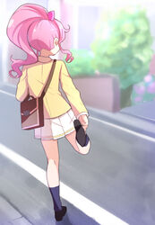  absurdres adjusting_clothes adjusting_shoe bag blazer blurry blurry_background bow briefcase bush commentary_request day female from_behind full_body hairbow high_ponytail highres jacket kirarigaoka_middle_school_uniform kiratto_pri_chan leg_up loafers long_hair momoyama_mirai outdoors pink_hair pleated_skirt pretty_series road school_bag school_briefcase school_uniform shoes shoulder_bag sidelocks skirt socks solo street toon_(noin) 