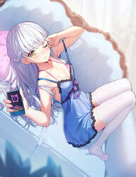  ;t arm_up artist_name bare_arms bare_shoulders blue_dress blush bow breasts cellphone chemise closed_mouth collarbone commentary couch dress dutch_angle female frilled_dress frills full_body highres holding holding_phone knees_up long_hair lying medium_breasts no_shoes on_back on_couch one_eye_closed original phone pillow polka_dot pout purple_bow ririko_(zhuoyandesailaer) saegusa_riko sleeveless sleeveless_dress solo thighhighs very_long_hair watermark white_hair white_thighhighs yellow_eyes 