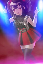  :d \m/ babymetal black_hair black_legwear blackminolith_(2ne) blurry blurry_background bow commentary_request danjo_kyoudou_sankaku-chan female indoors original red_eyes red_skirt shoulder_spikes skirt sleeveless smile spikes striped thighhighs twintails wristband 