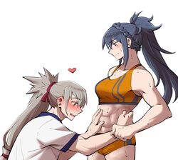  1boy abs awestruck blonde_hair blue_hair blush commission dlanon female fire_emblem fire_emblem_fates hand_on_another&#039;s_stomach heart highres long_hair muscular muscular_female oboro_(fire_emblem) orange_sports_bra ponytail red_eyes spoken_heart sports_bikini sports_bra straight sweat takumi_(fire_emblem) track_and_field 