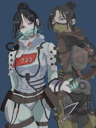  2girls airship_assassin_wraith animification apex_legends black_hair blue_background blue_eyes bodysuit breasts brown_bodysuit brown_gloves cable fingerless_gloves floating_hair gloves hair_behind_ear hair_bun head_tilt highres holding holding_knife hope&#039;s_dusk_(apex_legends) knife kunai looking_at_viewer medium_breasts multiple_girls official_alternate_costume open_hand parted_bangs quarantine_722_wraith single_hair_bun weapon white_bodysuit white_gloves wraith_(apex_legends) zariko 