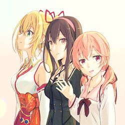  .live 3girls blonde_hair blush breasts brown_hair green_eyes hair_between_eyes hair_ornament highres kitakami_futaba kongou_iroha large_breasts long_hair looking_at_viewer low_twintails multiple_girls open_mouth pink_hair red_eyes ringo_yadoku simple_background smile twintails virtual_youtuber yaezawa_natori 