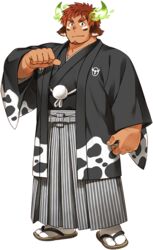  1boy animal_ears animal_print bara biceps brown_eyes brown_hair closed_mouth cow_boy cow_ears cow_horns cow_print dark-skinned_male dark_skin eye_black facepaint facial_hair fiery_horns full_body goatee hakama hakama_skirt horns japanese_clothes kimono kuro_nezumi_inu large_pectorals long_sleeves male_focus muscular muscular_male native_american official_alternate_costume official_art pectorals pointing pointing_at_self sandals short_hair skirt socks solo standing tabi tachi-e thick_eyebrows third-party_source tokyo_afterschool_summoners transparent_background wakan_tanka 